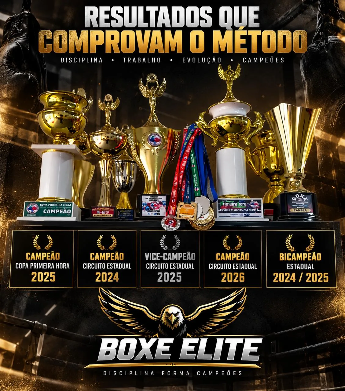 Troféus e medalhas da Boxe Elite. Títulos: campeão da Copa Primeira Hora 2025; campeão do Circuito Estadual 2024; vice-campeão do Circuito Estadual 2025; campeão do Circuito Estadual 2026; bicampeão estadual 2024 e 2025.